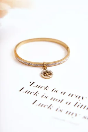 Tērauda aproce ar kubveida cirkoniju "Dzīvības koks" zelta krāsā