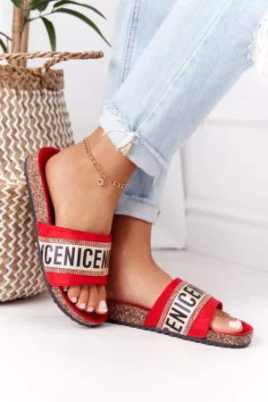 Čības ar korķa zoli un kubveida cirkoniju, sarkanas, Be Nice