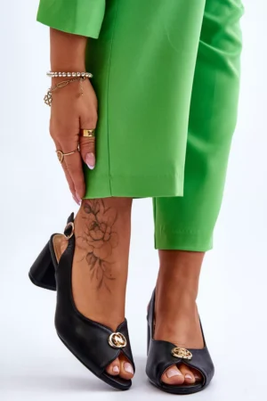 Moderni ādas sandales ar papēdi, melnas Hette