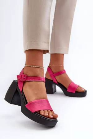 Zazoo 40386 Sieviešu ādas sandales ar blokveida papēdi fuksijas krāsā