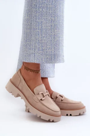 Sieviešu smilškrāsas zamšādas mokasīni ar ornamentu D&A TW117 Beige