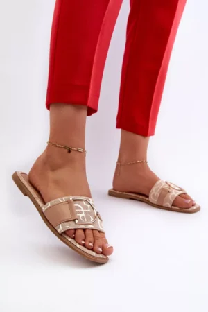 Spīdīgas sieviešu pludmales čības ar rotājumiem, smilškrāsas Taleci