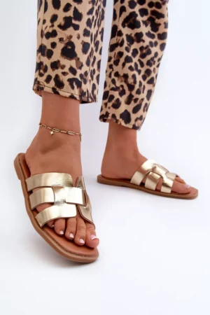 Plakanas sieviešu pludmales čības no ekoloģiskās ādas, zelta krāsā Risamay