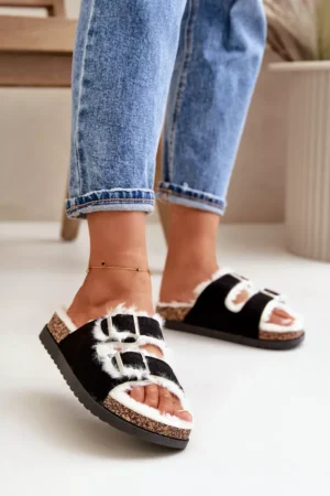 Sieviešu čības ar sprādzēm un kažokādu, melnas Ezilena