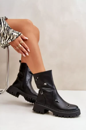 Sieviešu ekoloģiskās ādas potītes zābaki ar rāvējslēdzēju un dekoratīviem elementiem, melnā krāsā Reritha