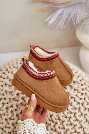 Sniega zābaki bērniem ar platformu, izolēti, ar kažokādu, kamieļu krāsā, Vilabria