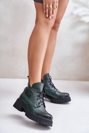 Zazoo 60483 Sieviešu ādas potītes zābaki ar zemu stieņu izolāciju tumši zaļā krāsā