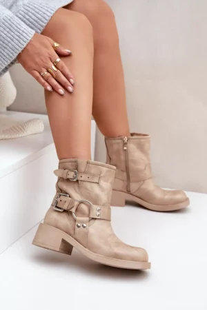 Ādas sieviešu potītes zābaki ar zemu papēdi un siksnām Zazoo 3644 smilškrāsā