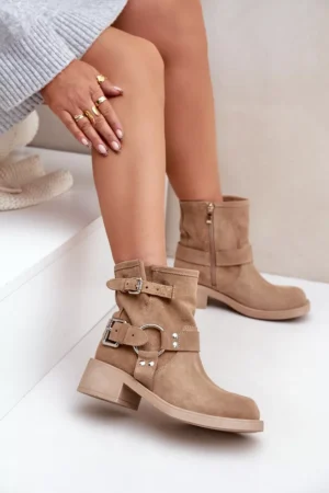 Sieviešu zamšādas potītes zābaki ar zemu papēdi un siksnām Zazoo 3644 smilškrāsā