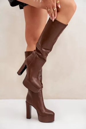 Ceļgalu augstie zābaki ar papēdi un platformu, izgatavoti no ekoloģiskās ādas, brūni Felilorn