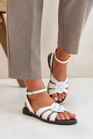 Ādas sieviešu sandales ar plakanu papēdi, baltas Zazoo 3688