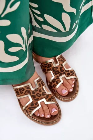 Ādas plakanas čības ar panteras uzdruku Zazoo 40383 Brūnas