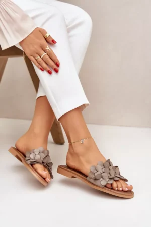 Zazoo 40381 Sieviešu ādas čības ar plakanu papēdi, pelēkbrūnas