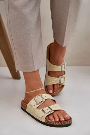 Auduma čības uz korķa zolēm ar sprādzēm, dzeltenas Atera