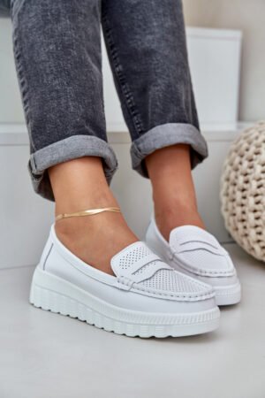 Sieviešu ādas mokasīni uz platformas un papēža balti Elanindel