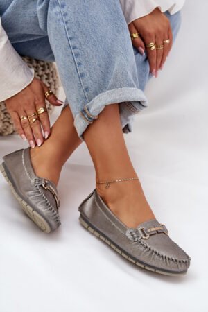 Glitter Flat mokasīni no dabīgās ādas D&A; LR51-546 Sudraba