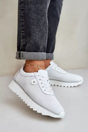 Ādas sporta kurpes uz platformas ar spīdumiem D&A; LR51-629 Balta