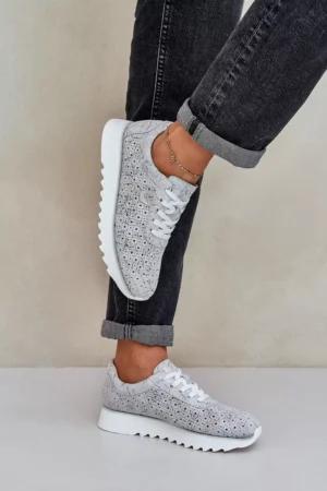 Zamšādas sporta kurpes ar platformu un spīdumiem D&A; LR51-635 Sudraba