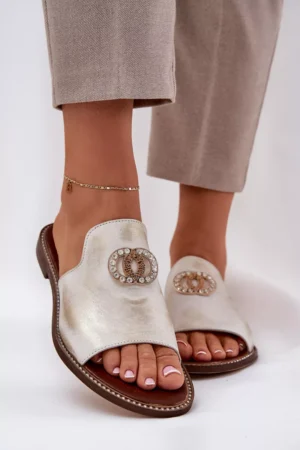 Elegantas sieviešu ādas čības ar dekoru Zazoo 3008 Aged Gold