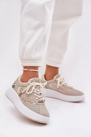 Sieviešu sporta apavi ar tīkliņu un kniedēm, smilškrāsā krāsā Ogalda