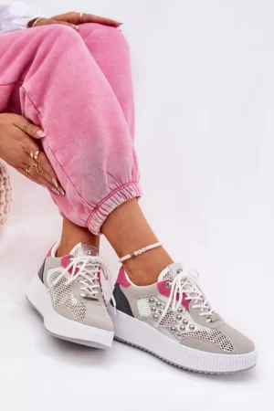 Sieviešu sporta apavi ar sietu un kniedēm, pelēki Ogalda