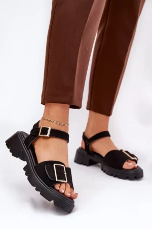 Eco Suede sandales sievietēm ar sprādzi, melnas Gofielle
