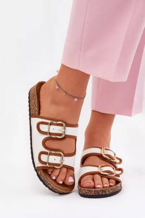 Sieviešu auduma čības uz korķa platformas ar sprādzēm, baltas Osoffe