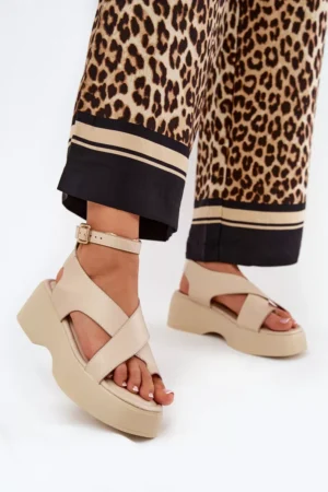 Sieviešu sandales uz platformas un papēža no ekoloģiskās ādas, smilškrāsas Tenzorus