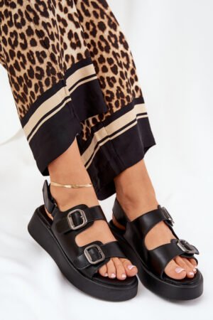 Sieviešu platforma un ķīļveida sandales ar sprādzēm, melnas Genorre