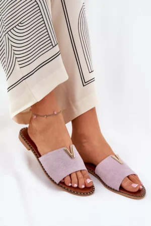 Sieviešu plakanās sandales ar dekoratīviem elementiem, violetas krāsas Saliena