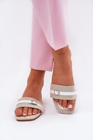 Plakanas sieviešu čības ar siksnu un sprādzi, smilškrāsas-baltas Zilina