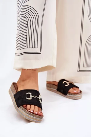 Sieviešu platforma sandales ar zelta dekoru un spīdumu melnā krāsā Morisela