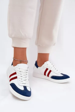 Zazoo N1068 ādas zemas sieviešu sporta kurpes, baltas un tumši zilas