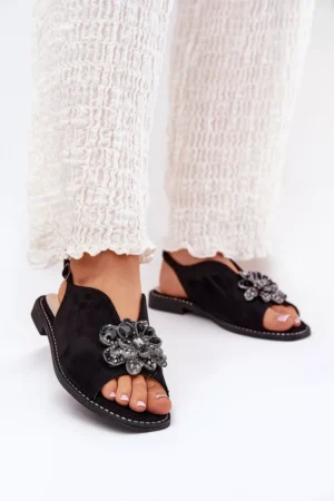 Sieviešu plakanas papēžu sandales ar dekoratīviem elementiem S.Barski KV27-001 Melna