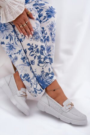 Sieviešu ādas mokasīni ar zelta detaļām Jasnoszare Vinceza 88007