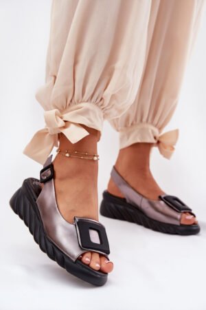 Sieviešu ādas sandales ar papēdi un rotājumiem Artiker 56C2158 grafīts