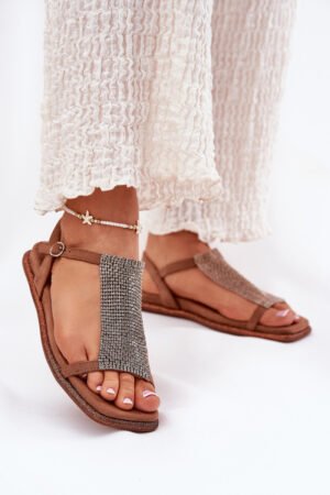 Plakanas elegantas sieviešu sandales ar kristāliem Artiker 56C1365 brūnas