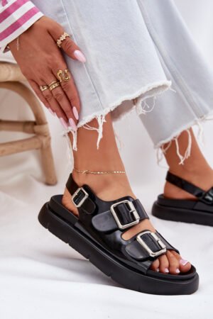 Ādas patentētas sieviešu sandales ar sprādzēm Big Star RR274662 Melna