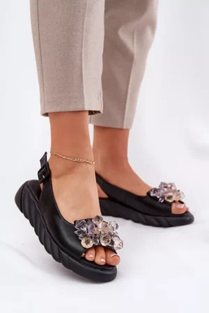 Sieviešu ādas sandales ar kristāliem Artiker 54C1628 melnas