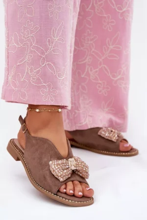 Sieviešu sandales ar lenti uz plakanā papēža, smilškrāsas S.Barski KV51-014