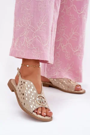 Ādas sandales ar plakanu papēdi un rotājumiem S.Barski KV51-094 Golden