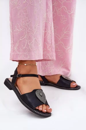 Sieviešu plakanās sandales ar rotājumiem S.Barski KV51-098 Melna