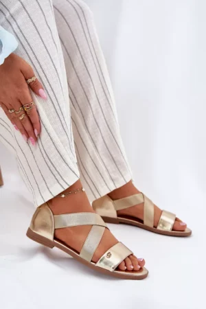 Sieviešu plakanas sandales ar elastīgām siksnām zelta krāsā Marinea