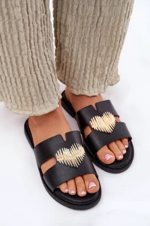 Sieviešu plakanās sandales ar zelta rotājumiem, melnas Karinma