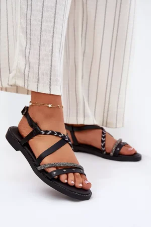 Plakanas sandales ar dekoratīvām siksnām Vinceza 17379 Melna