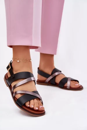 Sieviešu sandales ar plakanu papēdi un siksnām, melnas Sergio Leone SK086H