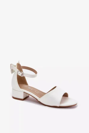Spīdīgas meiteņu sandales ar zemu papēdi, baltas Ainare