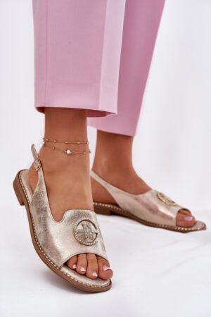 Sieviešu sandales uz plakaniem papēžiem ar rotājumiem S.Barski KV51-002 zelta krāsā