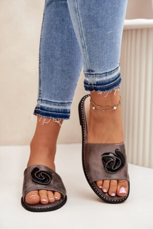 Sieviešu plakanās sandales ar dekoratīviem elementiem KV51-007 Grafīts