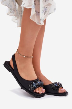 Sieviešu plakanās sandales ar kristāliem, melnas S.Barski KV51-079